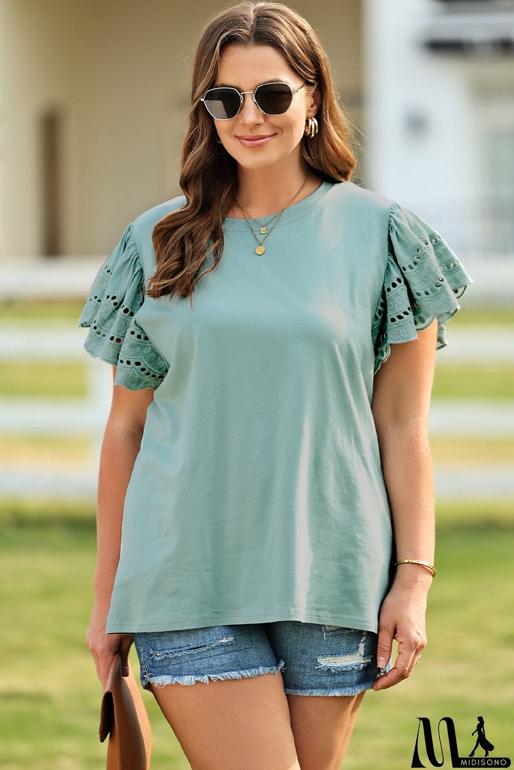 MidiSono - Plus Size Butterfly Sleeve Round Neck Top