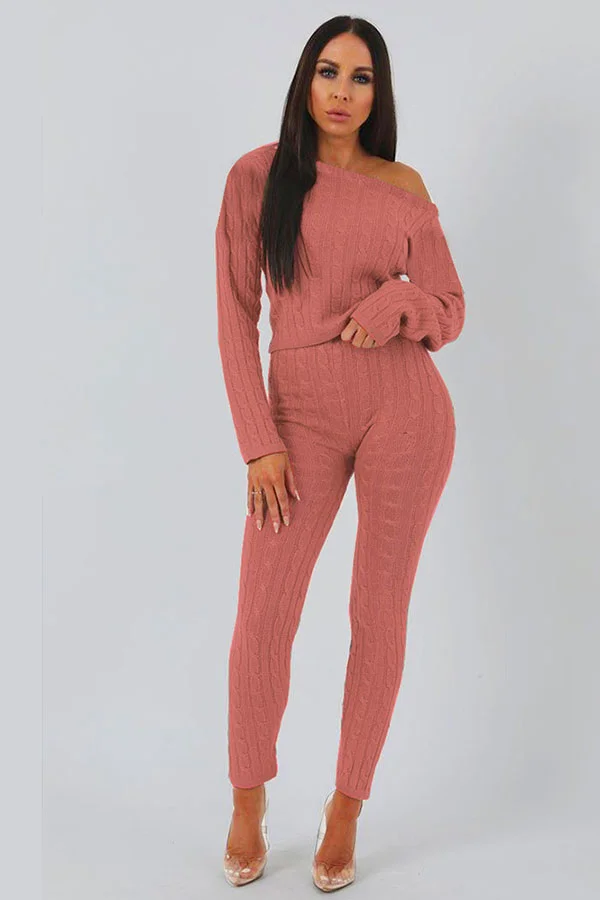 Pink Elastic Fly Long Sleeve Mid Solid pencil Pants Two-piece suit