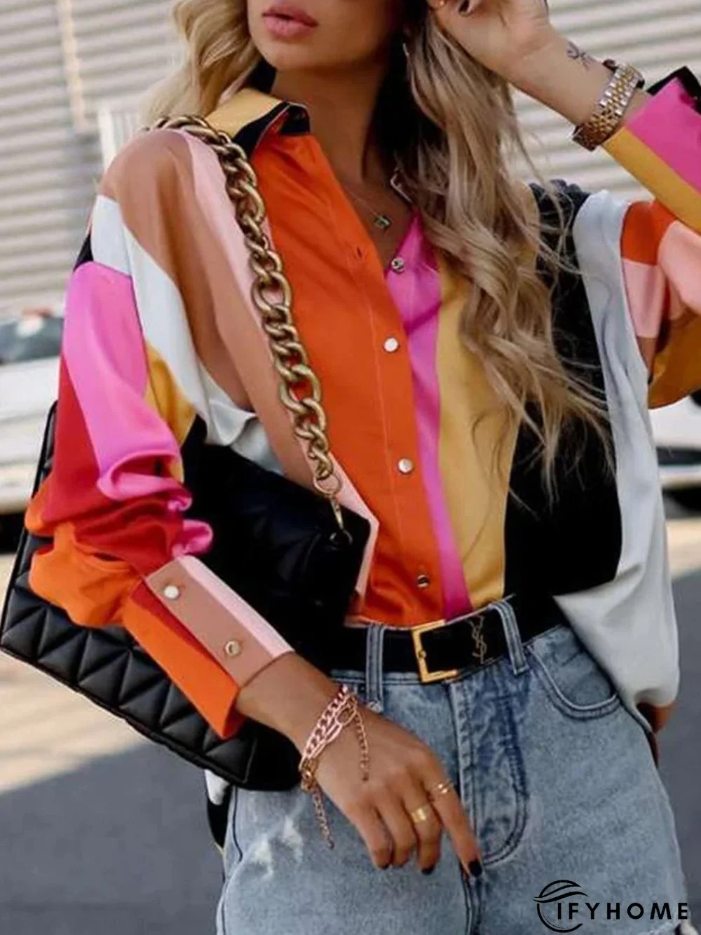 Long sleeve Regular Fit Striped Urban Shirt Collar Blouse | IFYHOME