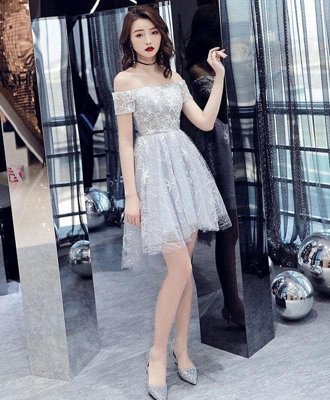 Gray Tulle Lace Off Shoulder Short Prom Dress, Gray Tulle Evening Dress