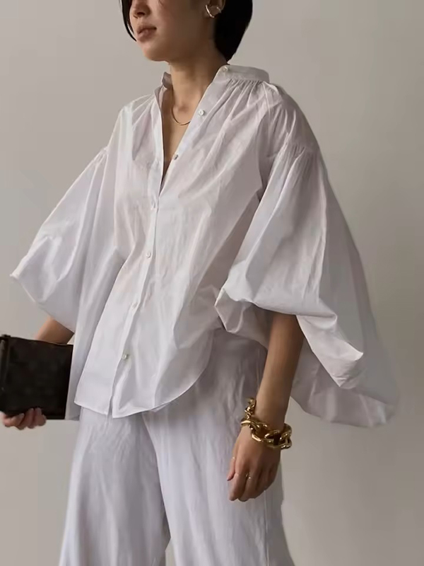Solid Color Puff Sleeve Single-breasted Shirt