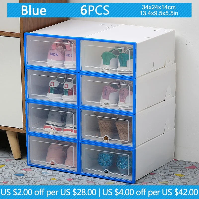 6pc Transparent shoe box storage shoe boxes thickened dustproof shoes organizer box can be superimposed combination shoe cabinet