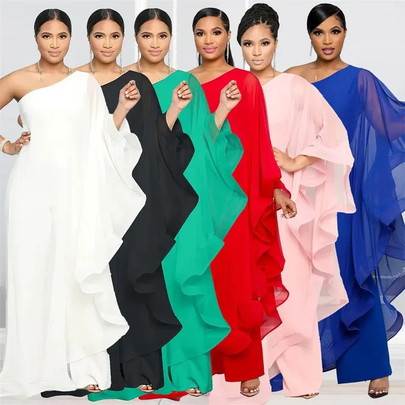 Brownm Chiffon One Shoulder Wide Leg Jumpsuit Women Night Party Birthday Outfits One Piece Romper Overalls Combinaison Femme