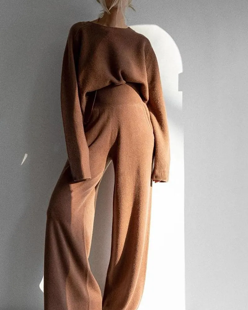 Retro Reddish Brown High Waist Two-piece Sweater Set