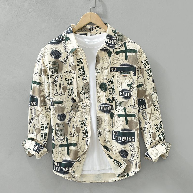 Thingsroom Spring Autumn New Turn-down Collar Long Sleeve Shirt Man High Street Letter Printing Cardigan Harajuku Button Patchwork Tops