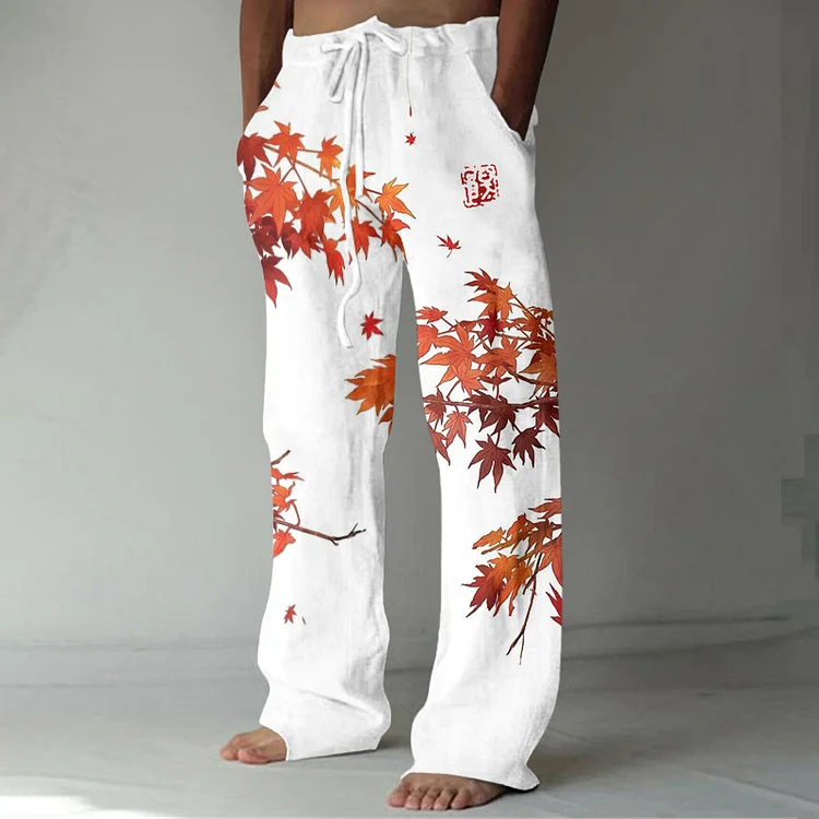 Japanese Maple Leaf Art Linen Blend Casual Pants