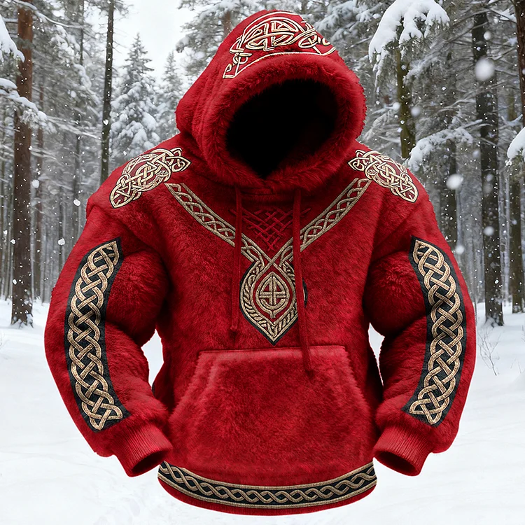 Men's Viking Tribal Jacquard Celtic Knot Inspired Art Plush Warm Hoodie