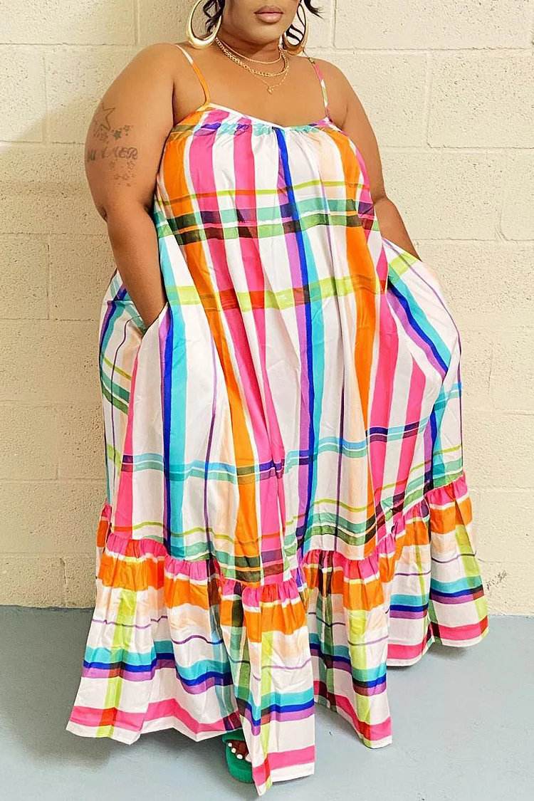 Plus Size Multicolor Casual Halter Dress Loose Stripes Rainbow Maxi Dresses 