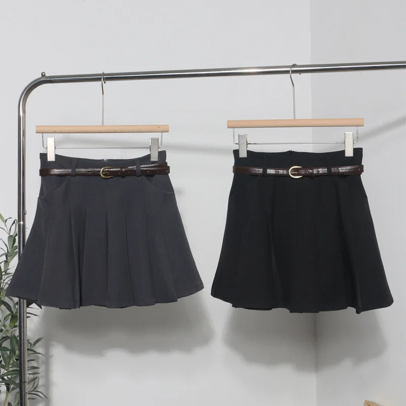 Uveng College Style Gray Half Skirt Short Skirt Small High-Waist A-Word Skirt Jk Skirt With Belt 8200