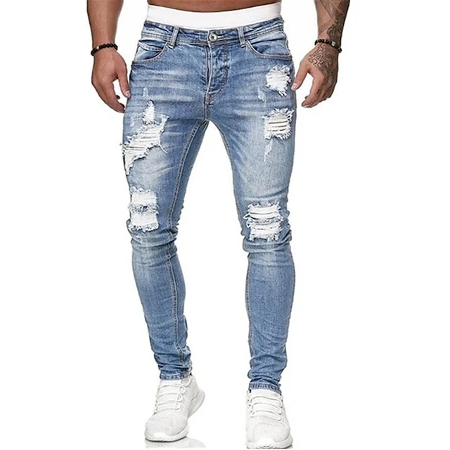 Men's Vintage Denim Ripped Straight Jeans Stacked Ripped