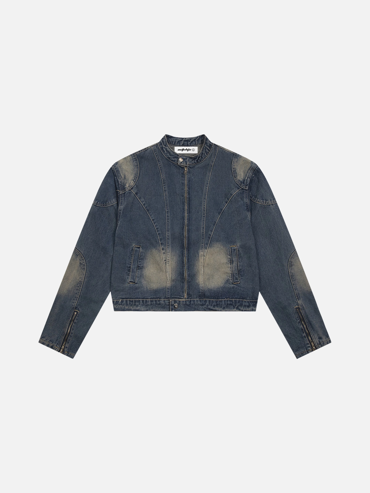 Blue Act Chic Washed Patchwork Cropped Denim Jacket Front