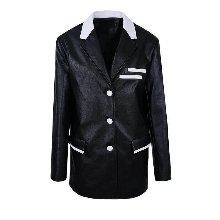 Urban Loose Lapel Contrast Color Pockets Long Sleeve PU Leather Blazer