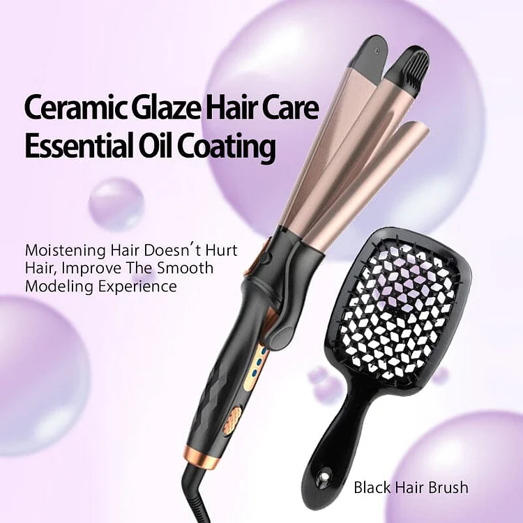 2-IN-1 Ceramic Glaze Coating Curling Iron& High Elasticity Hair Brush kit