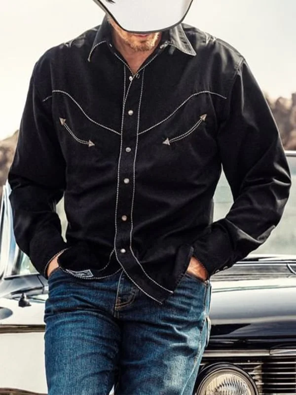 Men's Western Simply Black Long Sleeve Shirt