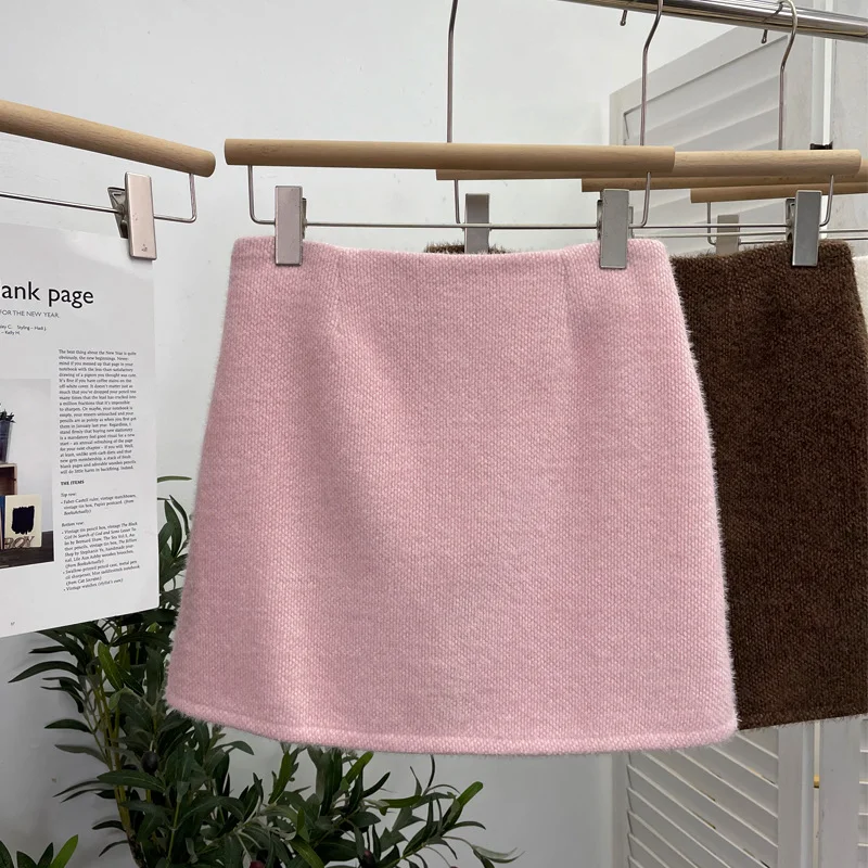 Uveng Real Shooting Pink Hair This Dress Girl Autumn And Winter High Waist A-Buffed Short Skirt Anti-Light One-Step Skirt 8871