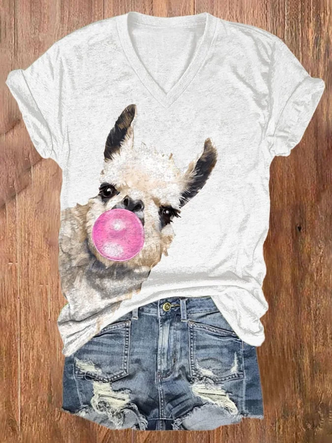 V-neck Bubble Gum Sneaky Llama Print T-Shirt socialshop