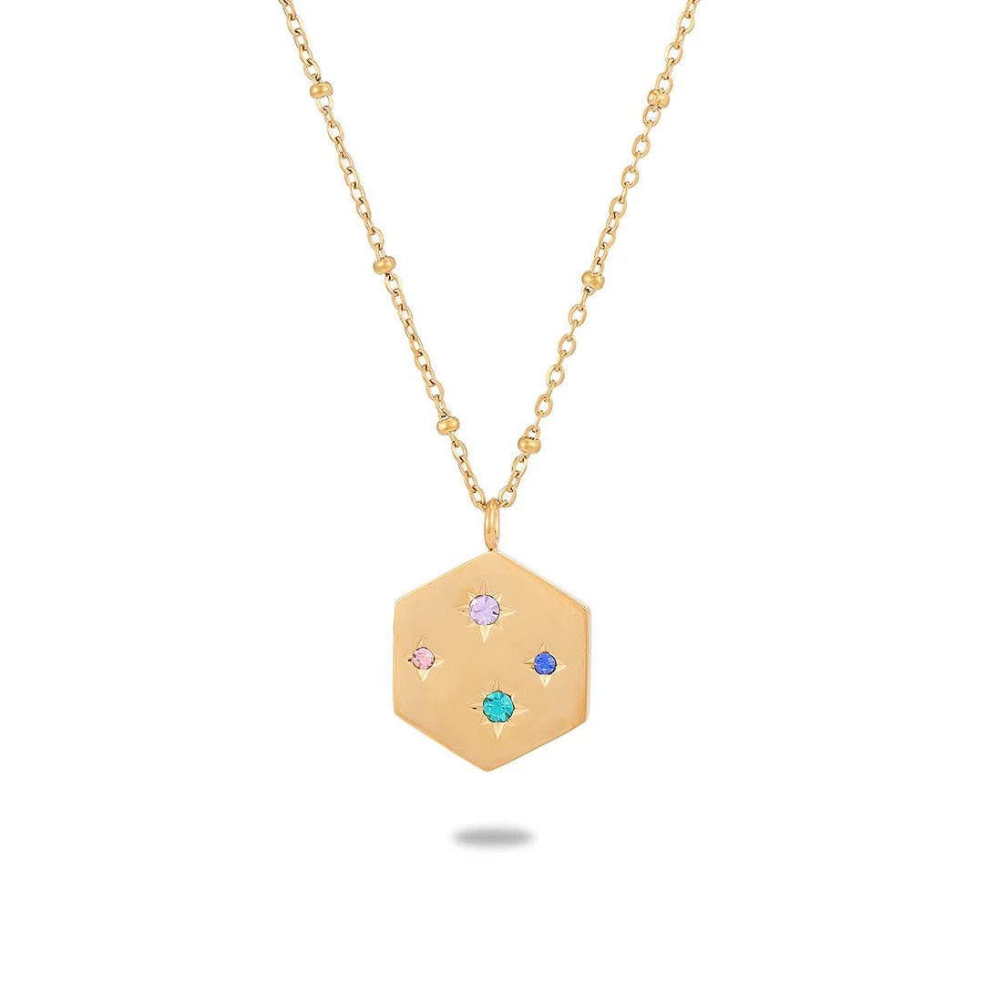 Hexagonal Color Diamond Smooth Stainless Steel Necklace