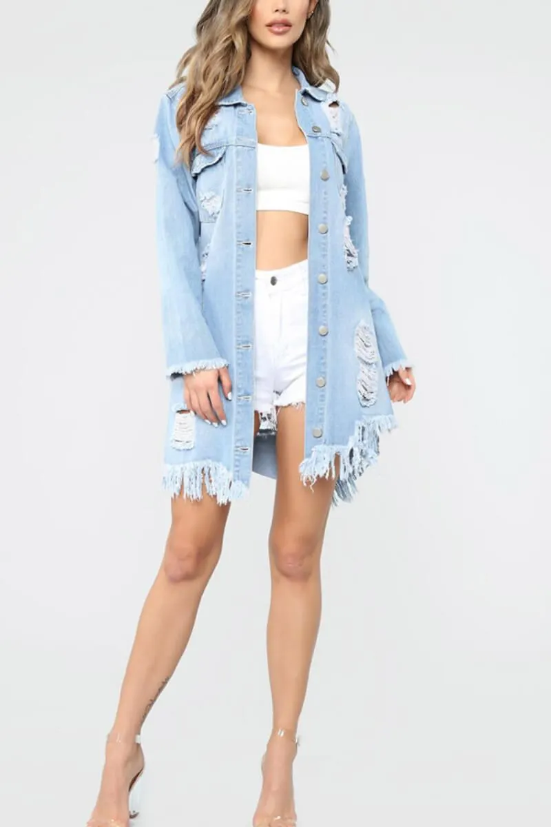 Ripped Medium Length Denim Jacket