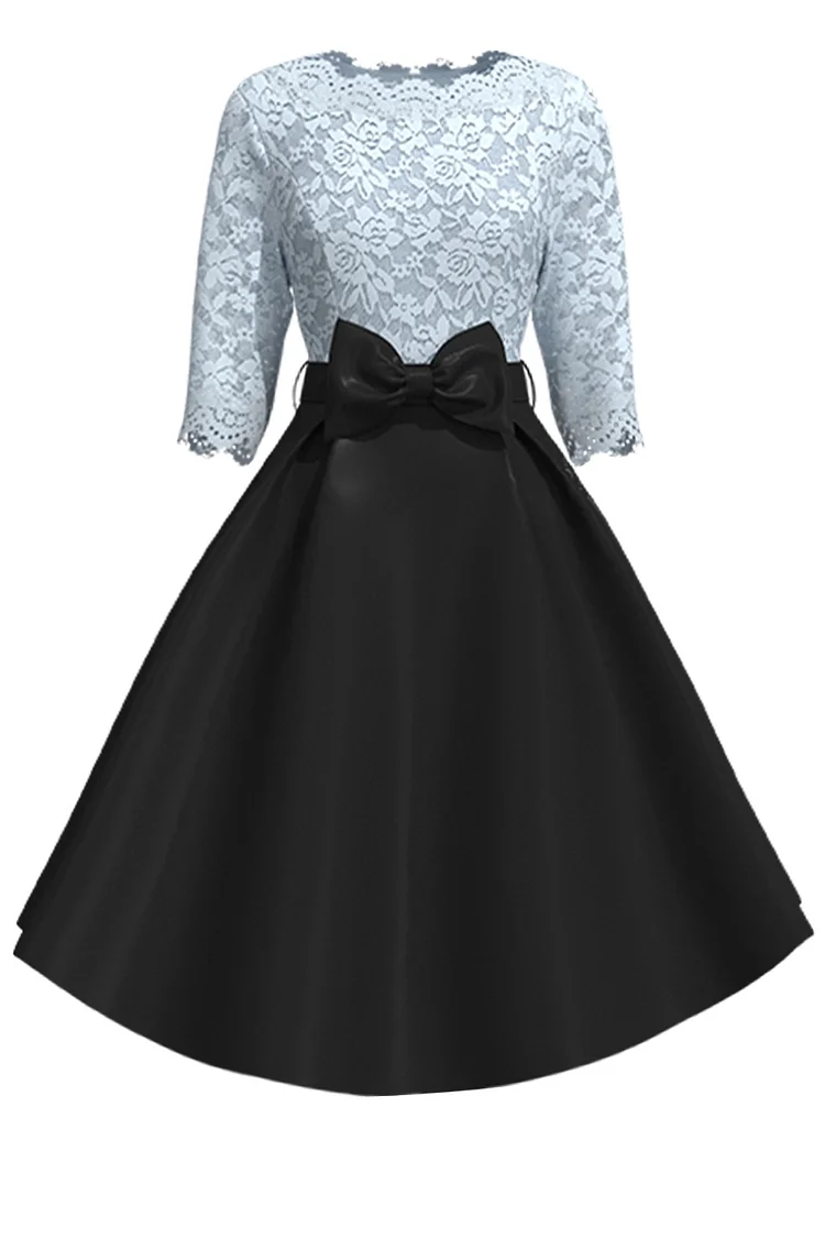1950s Grass Green Wedding Formal Lace Satin Bow Contrast Color Pleated Midi Dress