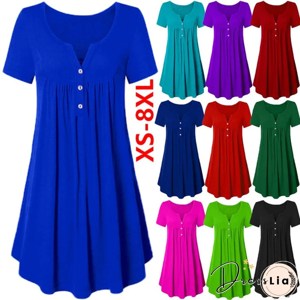 Women's Fashion Pockets Dresses Solid Color Casual V-Neck Dress Pleated Party Dress Elegant Ladies Loose Cotton Dresses Summer Short Sleeve Plus Size Dresses Xs-8Xl