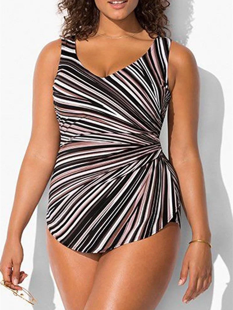 Plus Size Swimwear Sleeveless Striped Tankini