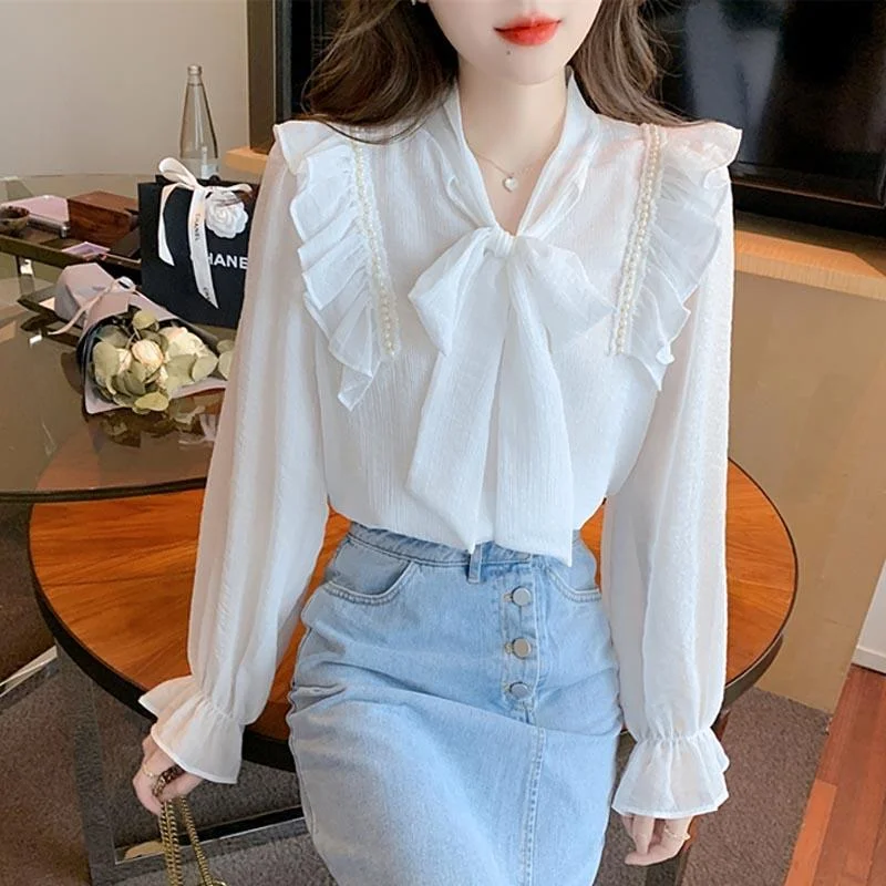 Jangj Summer Bow Tie Side of Fungus White Chiffon Shirt Korean Style Sweet Clothing 2022 Female's Elegant Fashion Casual Blouse