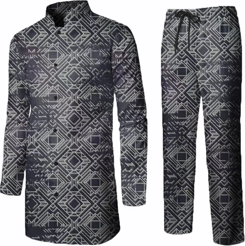 Geometric Print Long Sleeve Ethnic Shirt Set