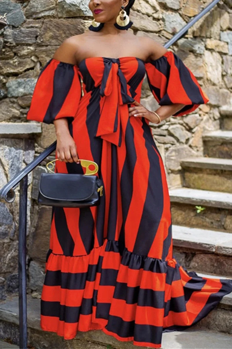 Bohemian Ruffled Sleeve Short Sleeves One word collar Swagger Floor-Length Striped Print ruffle Dresses