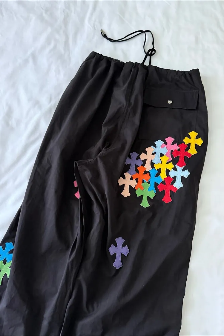 Retro Cross Print Wide-Leg Parachute Pants