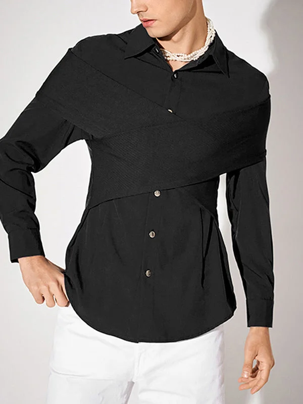 Aonga - Mens Solid Cross Design Button Front Lapel Shirt