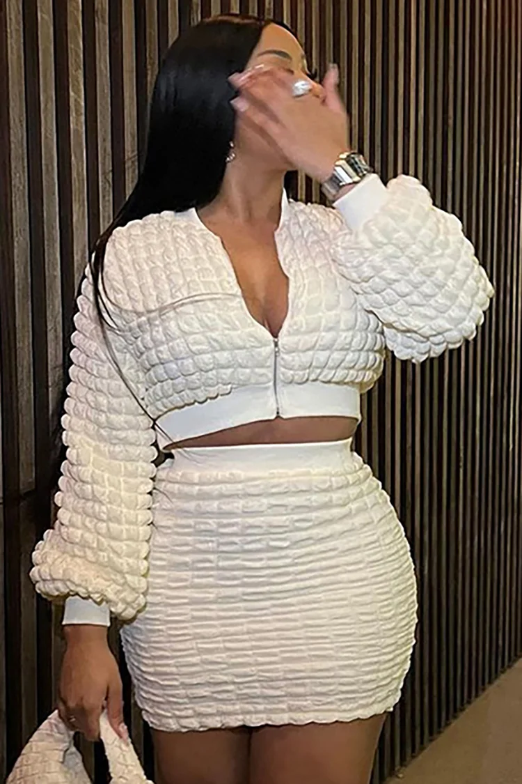 Textured Plaid Pattern Zip Long Sleeve Crop Top Bodycon White Mini Skirt Matching Set