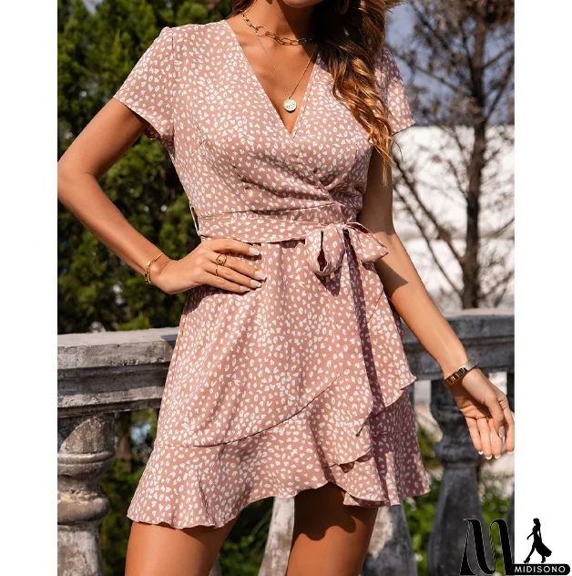 MidiSono - Fashion V-Neck Ruffled Chiffon Floral Dress