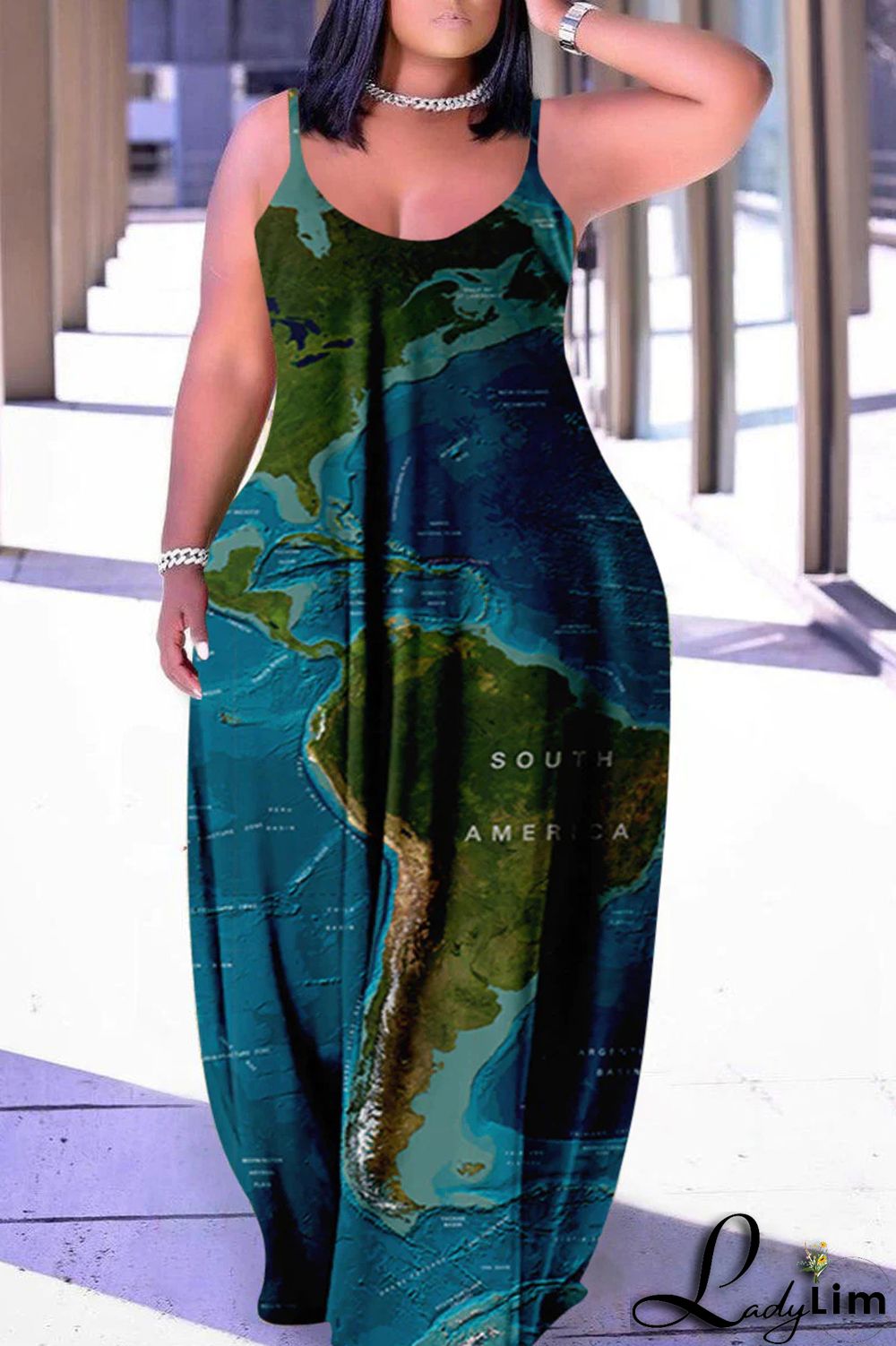 Black Red Fashion Sexy Plus Size Casual Print Backless Spaghetti Strap Long Dress