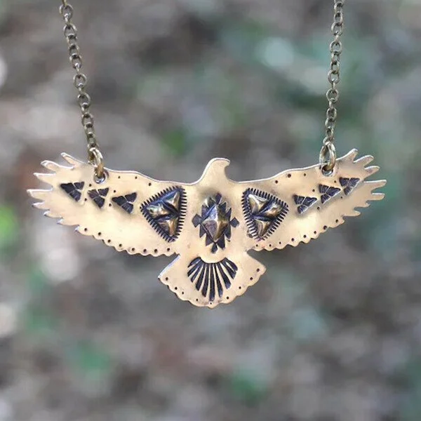 Vintage Hand Stamped Brass Hawk Necklace