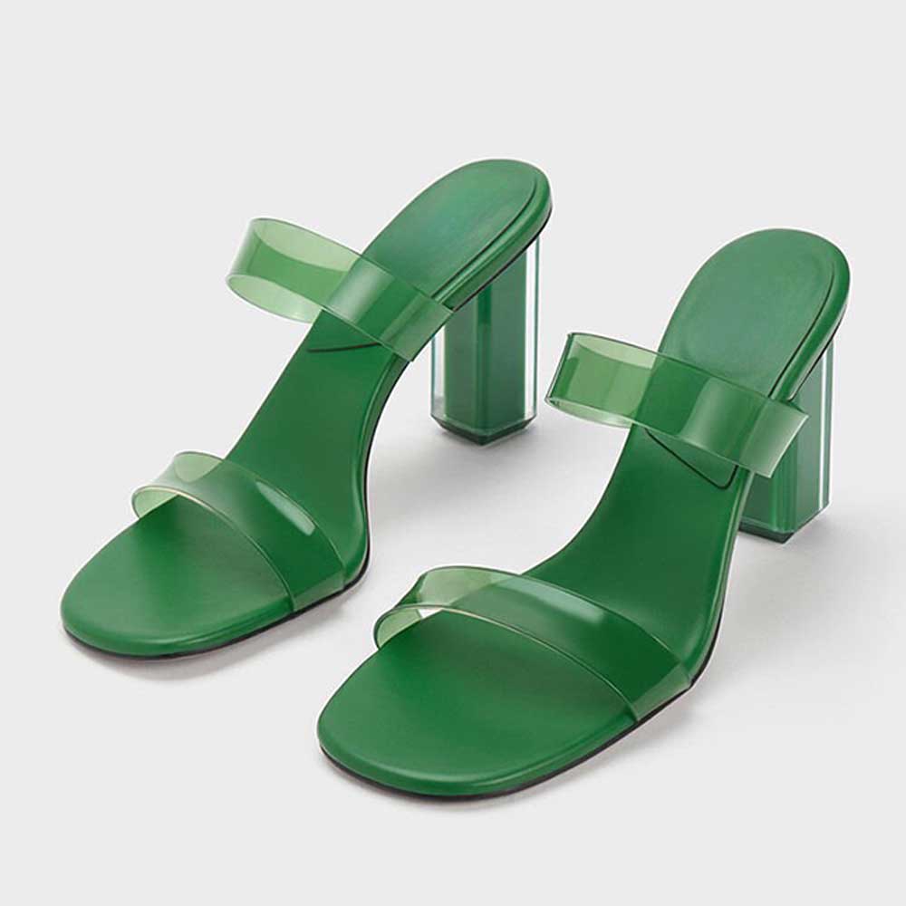 Green & Clear PVC Square Toe 4'' Chunky Heel Double Strap Mules Nicepairs