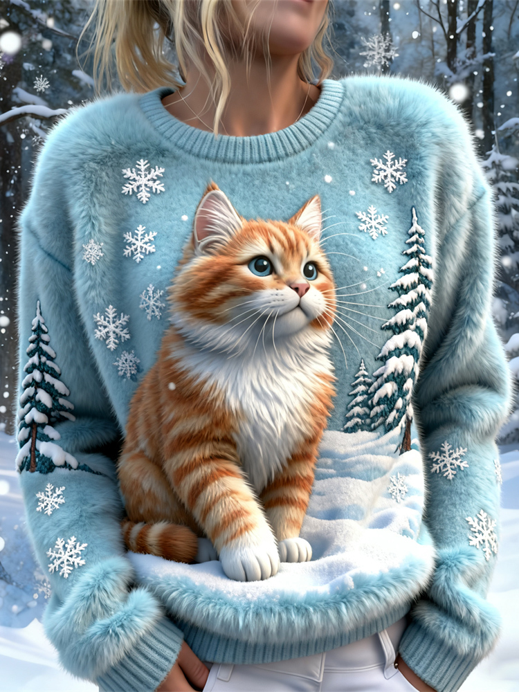 Winter Cute Cat Design Women's Soft Plush Sweater elevenforest