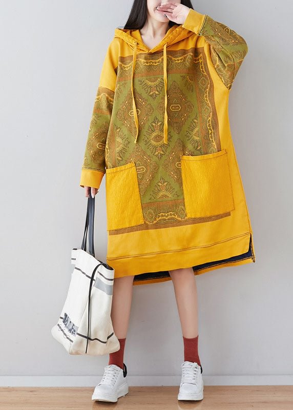 Fashion Yellow Hooded side open Print Sweatshirt dresses Spring CK1595- Fabulory