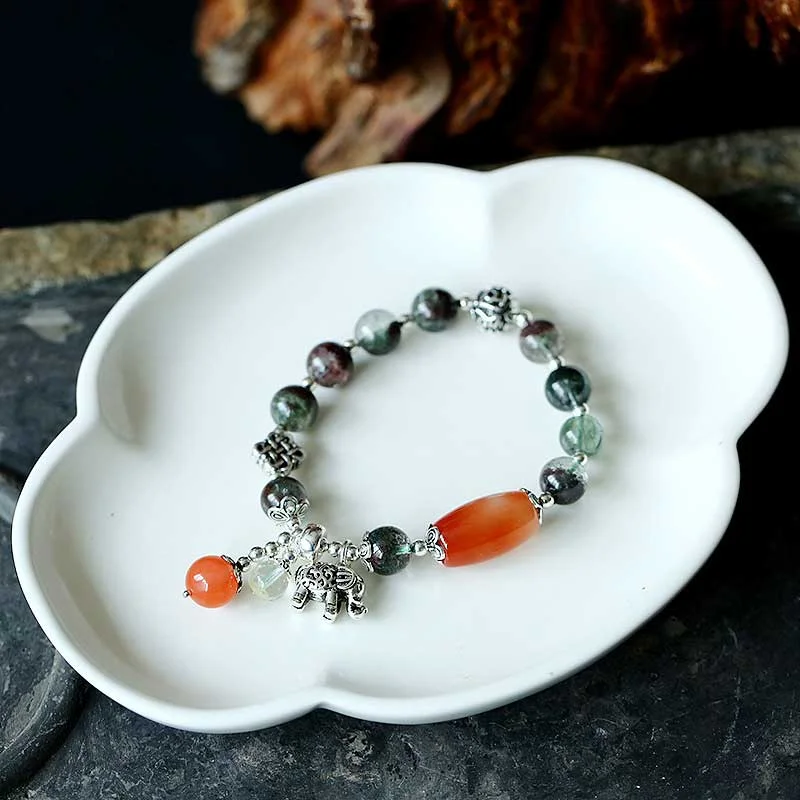 Green Phantom Red Agate Elephant Strength Healing Charm Bracelet