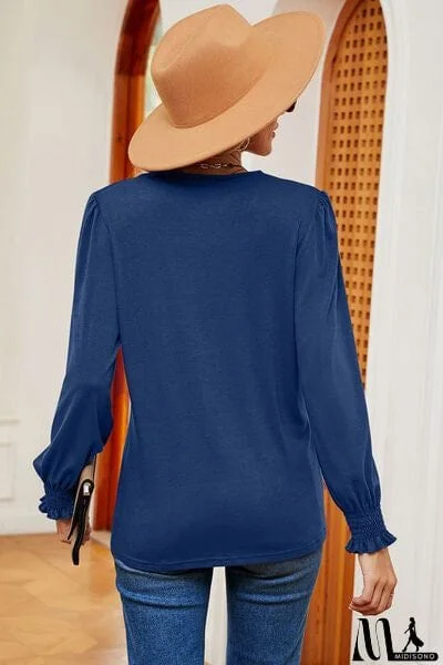 MidiSono - Lace Detail V-Neck Lantern Sleeve T-Shirt