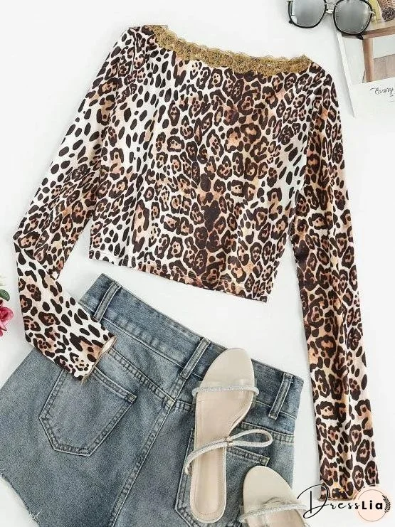 Button Up Lace Trim Leopard Tee