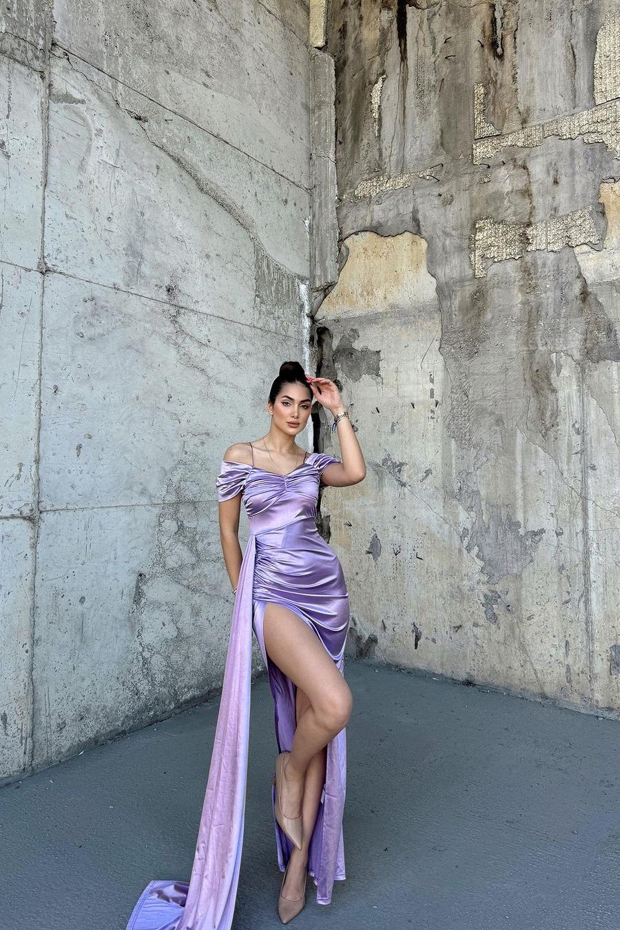 Stunning Satin Purple Off the Shoulder Sleeveless Prom Dress with High Split | MS0165