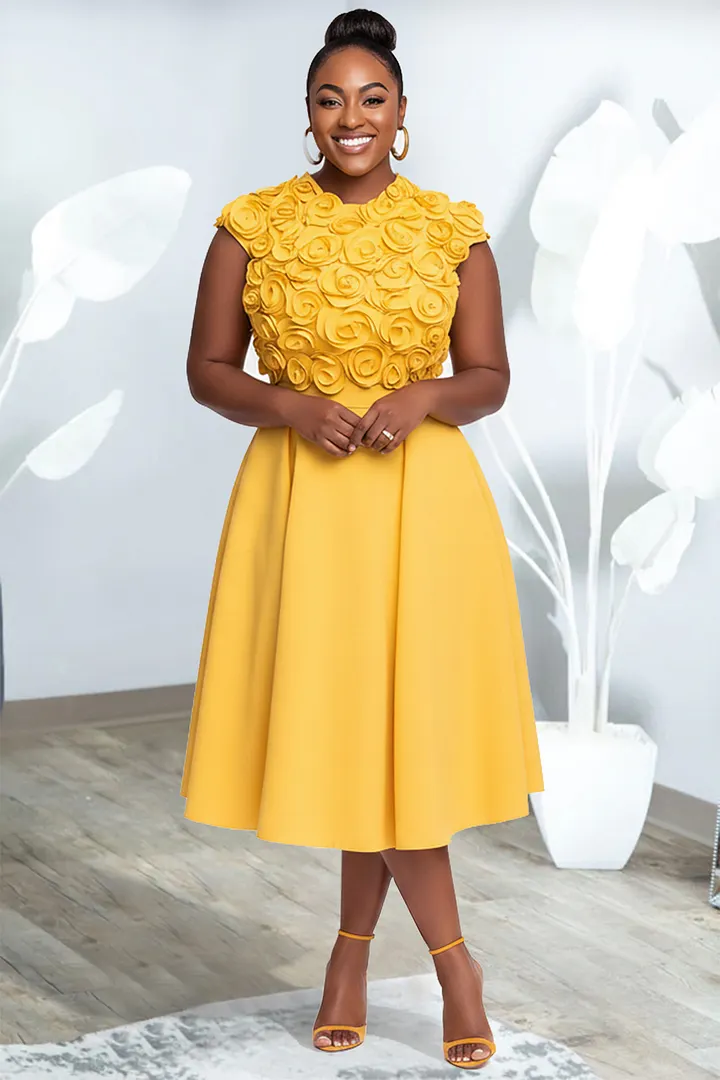 Xpluswear Design Plus Size Cocktail Party Yellow Round Neck 3D Pocket Midi Dresses 2024 - Xpluswear