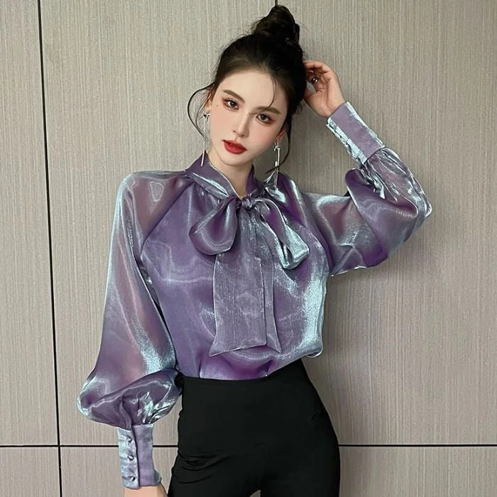 Bow Gauze Shirt Spring Autumn Long Sleeve Pullovers Fashion Puff Sleeve Elegant Blouse Bright Silk Sexy Commute Female Clothing