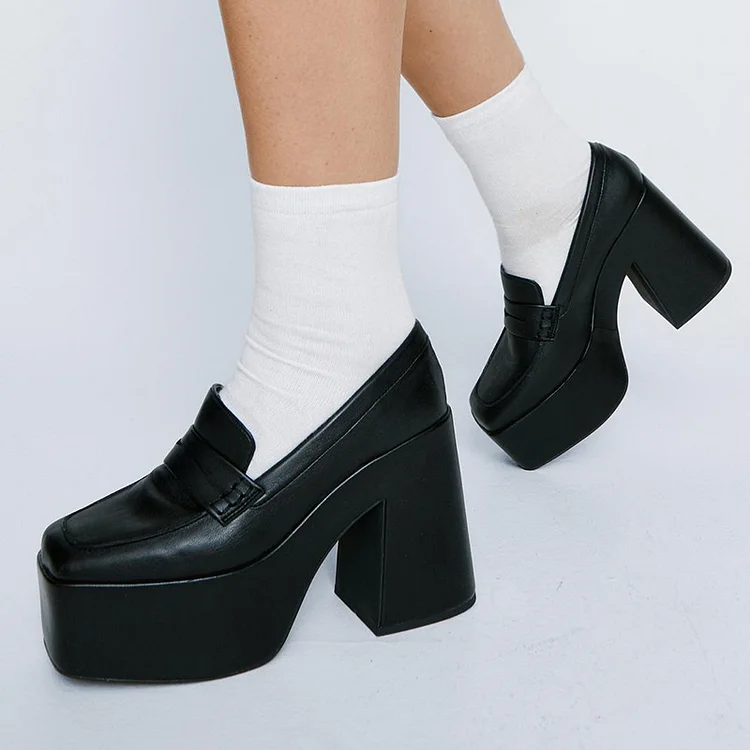 Classic Black Platform Loafers Square Toe Chunky Heel Vintage Shoes |FSJ Shoes