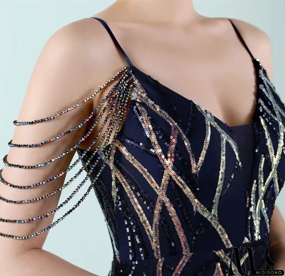 MidiSono - Women Summer Blue Vintage Strap Sleeveless Striped Print Metallic Beading Mermaid Evening Dress