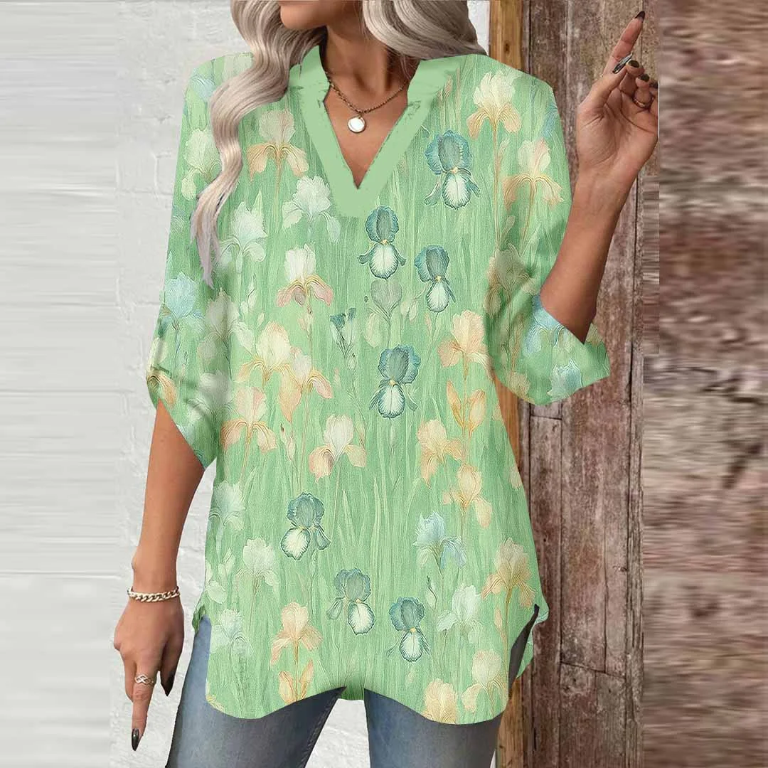 Women Floral, Green, Yellow DZGA0591 3/4 Sleeve V-neck Printed Graphic Button Tops