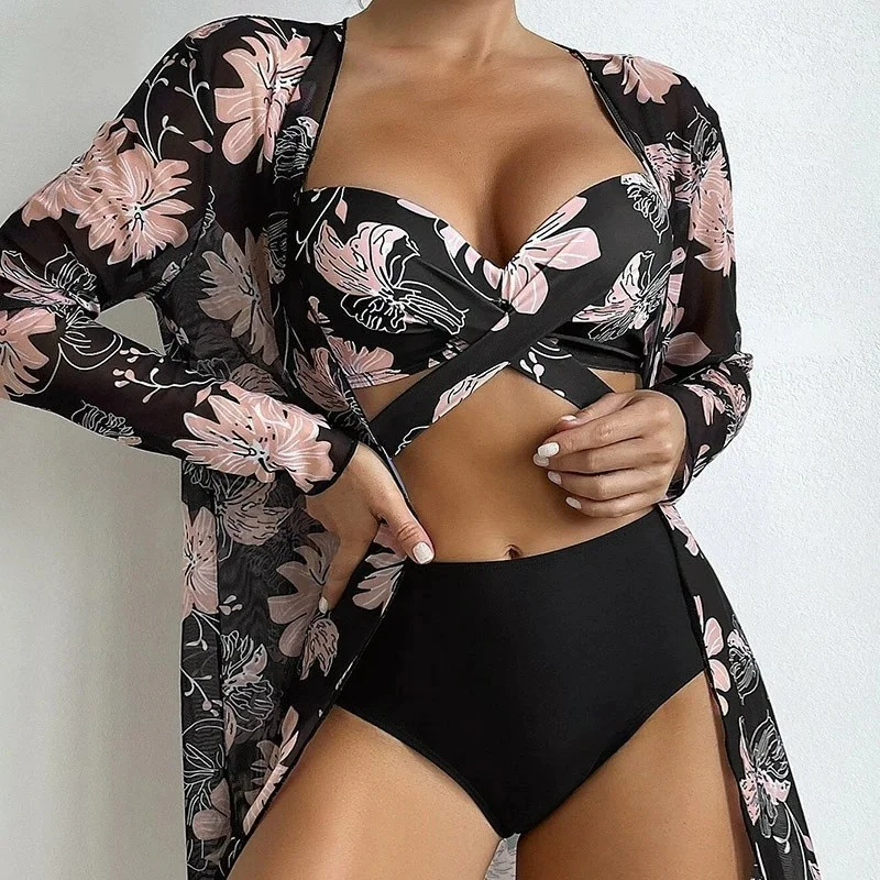 Uveng 2024 New Bikini Gathering Sexy Mesh Three-Piece Set Of Split-Print Swimsuit Women