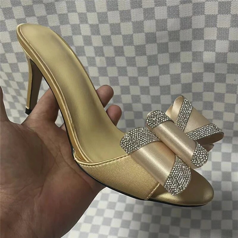 Jeweled Satin Butterfly-Knot Sandals Women Open Toe 8cm Thin High Heels Slingbacks Mules
