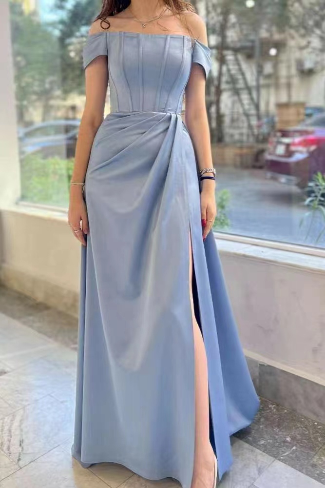 Amazing Dusty Blue Off-The-Shoulder Prom Dress With Slit Pleats |Ballbellas