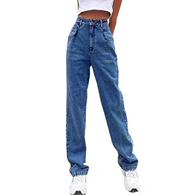 Retro Women's Straight High Waist Fashion Solid Color Loose Tooling Jeans